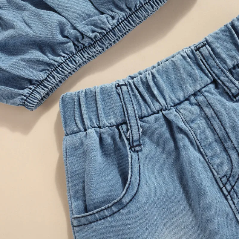 Girls Denim Clothes Set, Solid Color Short Sleeve Off-shoulder Cropped Tops + Irregular Hem Skirt