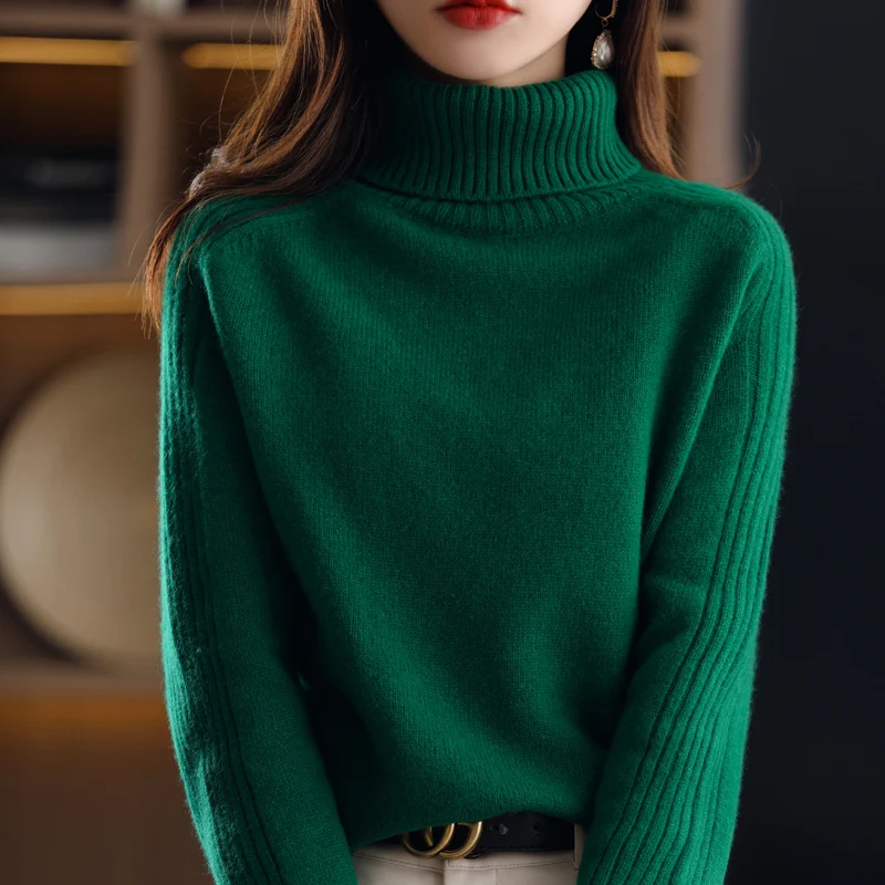 Autumn Winter New 100%Pure Wool Sweater Women High Lapel Knit Base Shirt Cashmere Loose Thick Long-Sleeve Blouse Warm Pullover