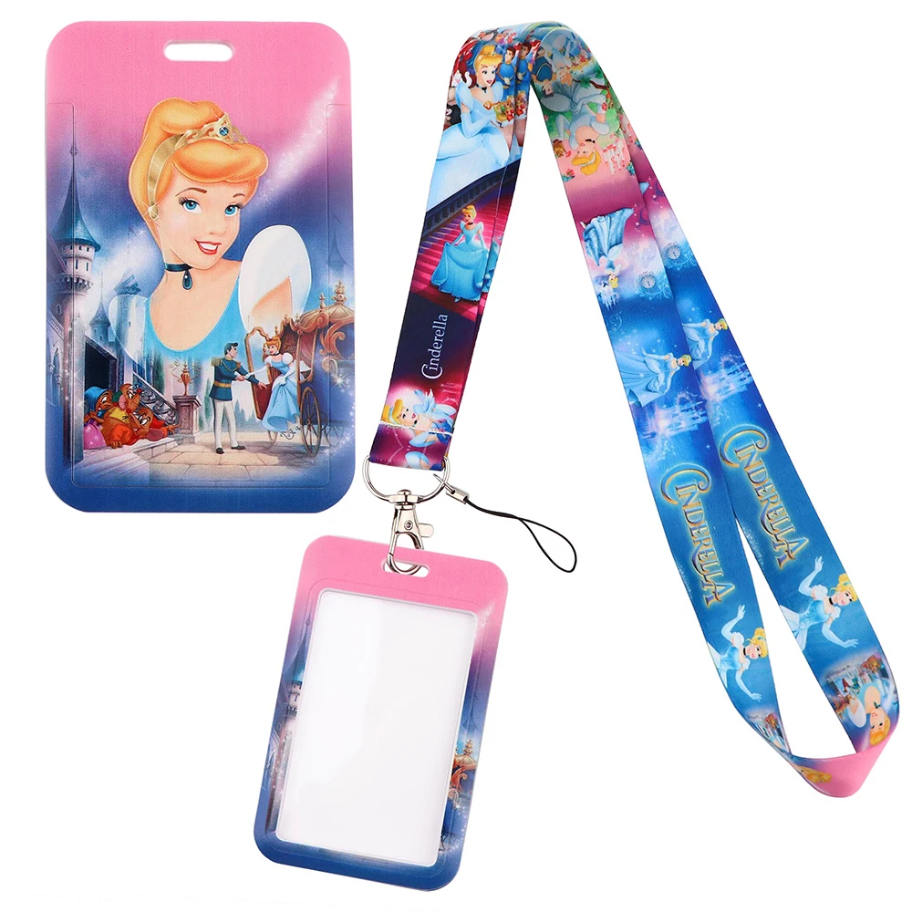 YQ772 Cartoon Cinderella Lanyard Travel ID Card Holder USB Badge Holder Neck Strap Phone Rope Keychain Necklace Lariat Kids Gift