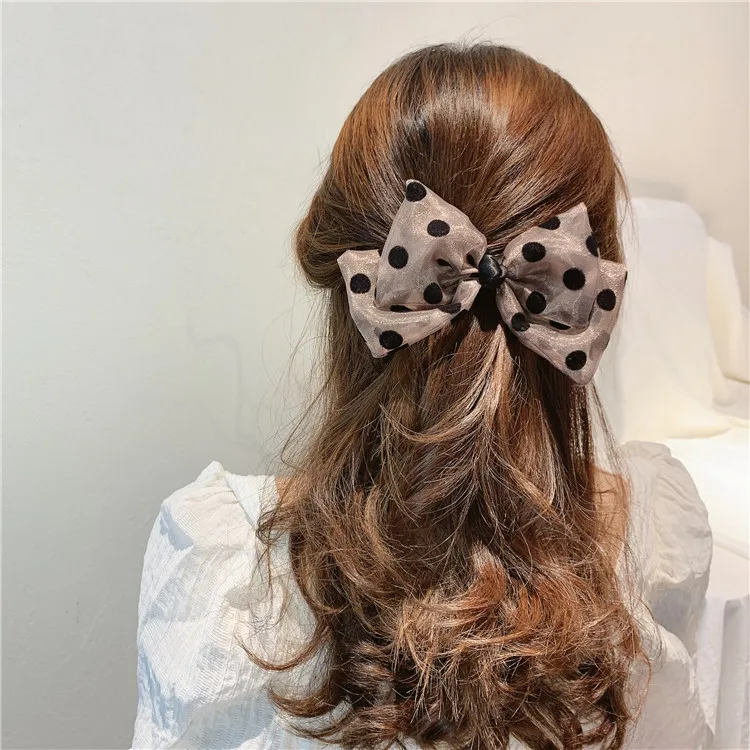 Korea spring and summer organza black bow polka dot hair rope net red hair head rope girl hair ring spring clip