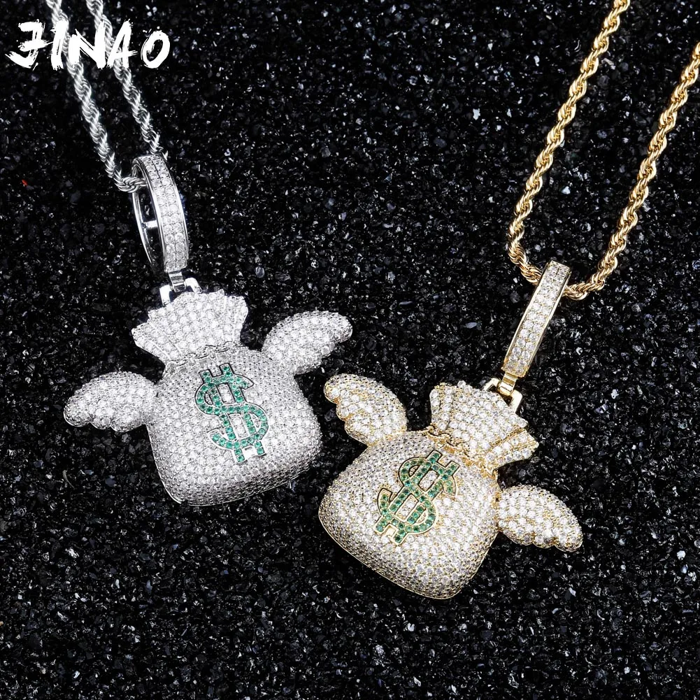 JINAO New $ Cubic Zircon Iced Out Chain Wing purse of dollars Hip Hop Jewelry Pendant Necklace Necklaces For Man Women Gifts