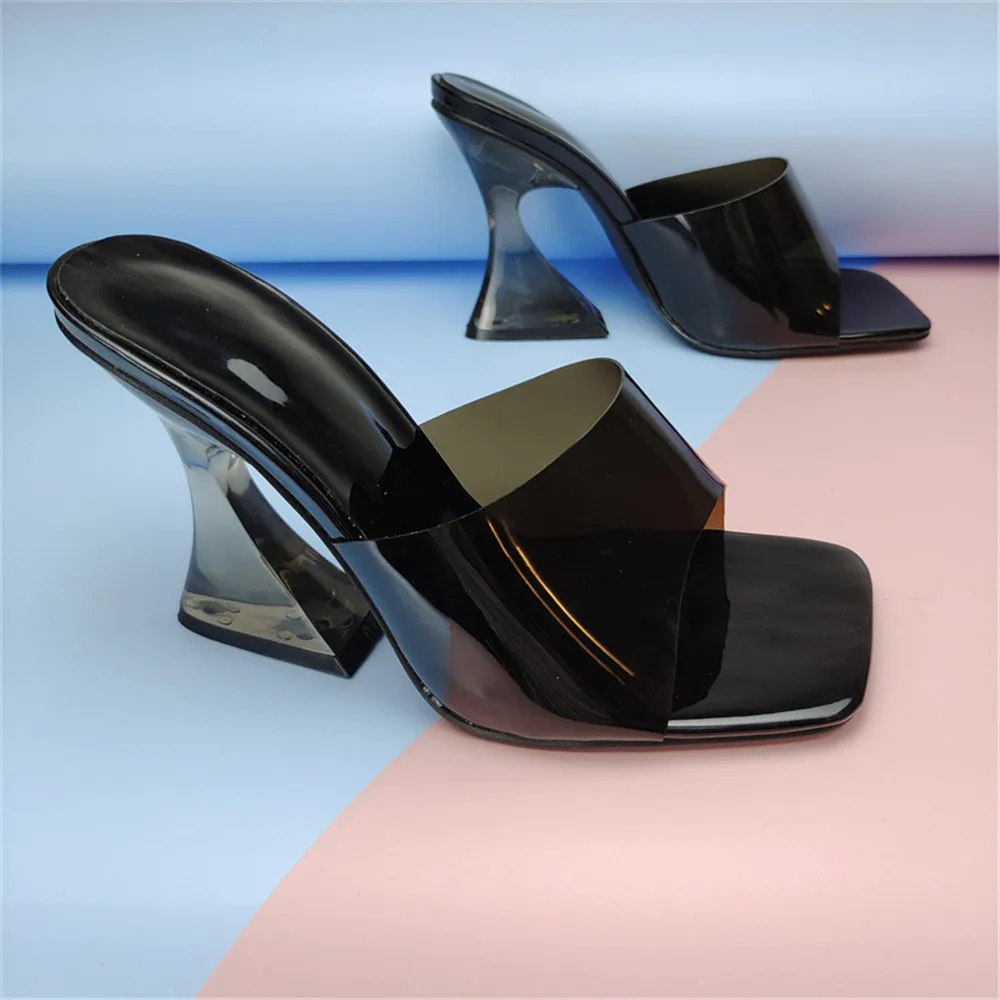 

2024 Newest PVC Transparent Women's High Slippers Summer Thick Heel Jelly Shoes Ladies Square Head Peep Toe Fashion Beach Mules