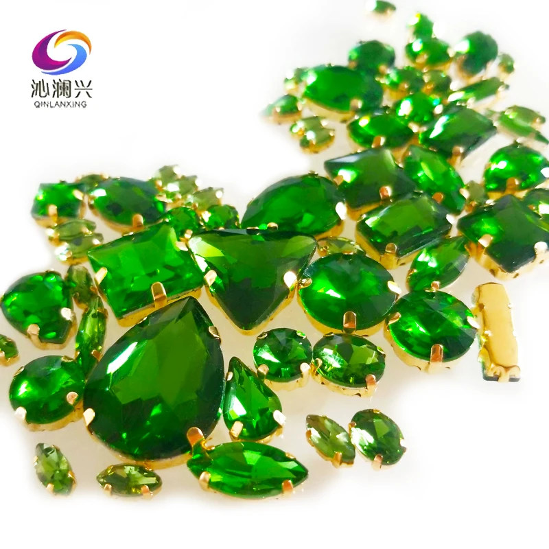 Mixed 58Pcs Top Grade Crystal Galss Sewing Rhinestones, Gold Bottom Grass Green Sew on Stones, DIY Clothing Accessories