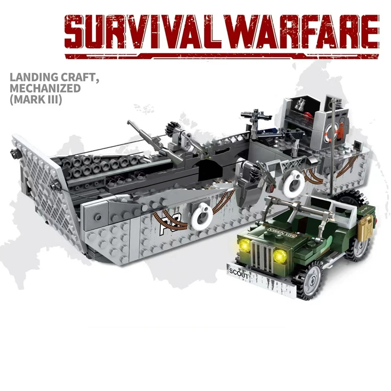 New Military World War 2 Army Landing Craft Mechanized LCM3 Weapon Building Blocks Kit Bricks Classic WW II Model Toys Boys Gift