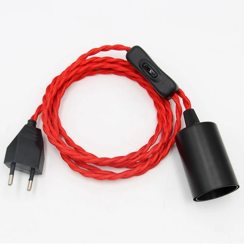 AC 220V EU Plug Power Cords Vintage Fabric Twisted Cable with Inline Switch E27 Bulb Lamp Holder Hanging Lamp