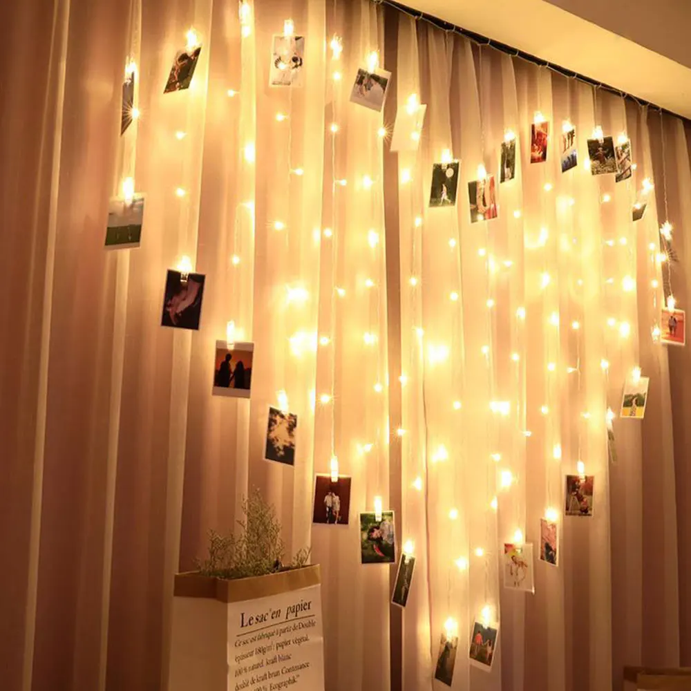 2x1.5M  Heart-Shaped Photo Clips String Lights Romantic Curtain Light for Home Birthday Party Wedding Sweet Ambience Decoration