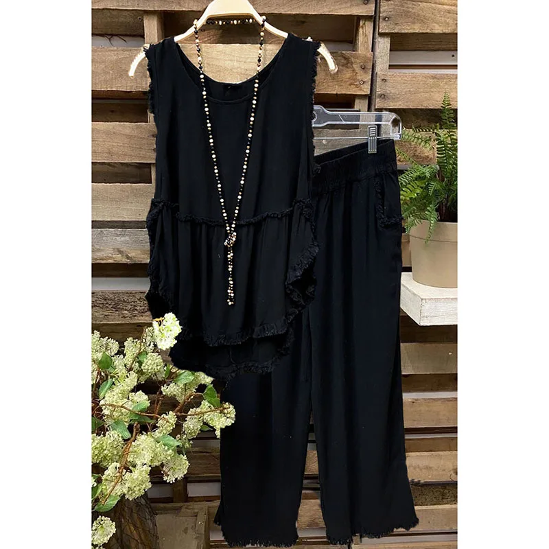 Summer Two Piece Set Ladies Fashion Casual Outfit Suit Women Sleeveless Tops Frayed Cotton Linen Vest + Wide Leg Pants Mujer Set