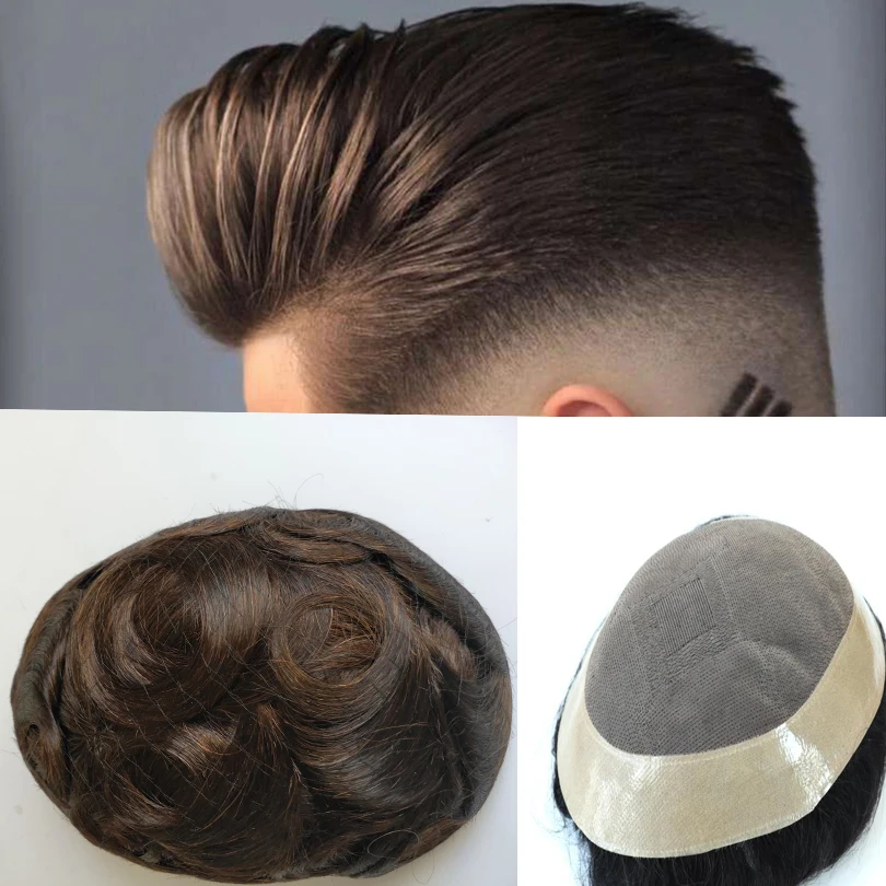 

#4 color Brown Remy Human Hair Replacement System For Men Toupee Mens Hairpieces mono Lace Base With PU 6x8 7*9Inches Black