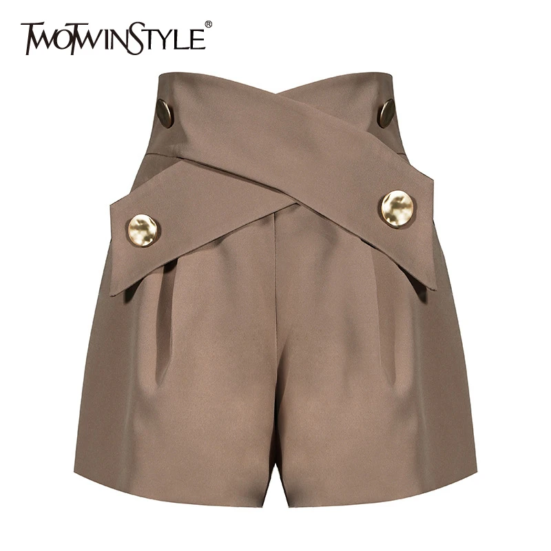 TWOTWINSTYLE Elegant Patchwork Women Shorts High Waist Asymmteircal Hit Color Loose Short Pants For Female Clothes Fashion