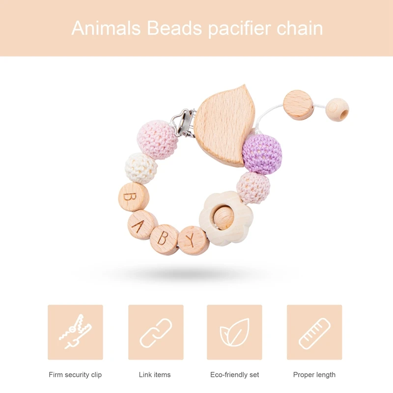 1PC Baby Pacifier Chain Flower Pacifier Clips Crochet Beads Wood Nipple Holder Personalized Alphabet Beads Baby Teething Chain