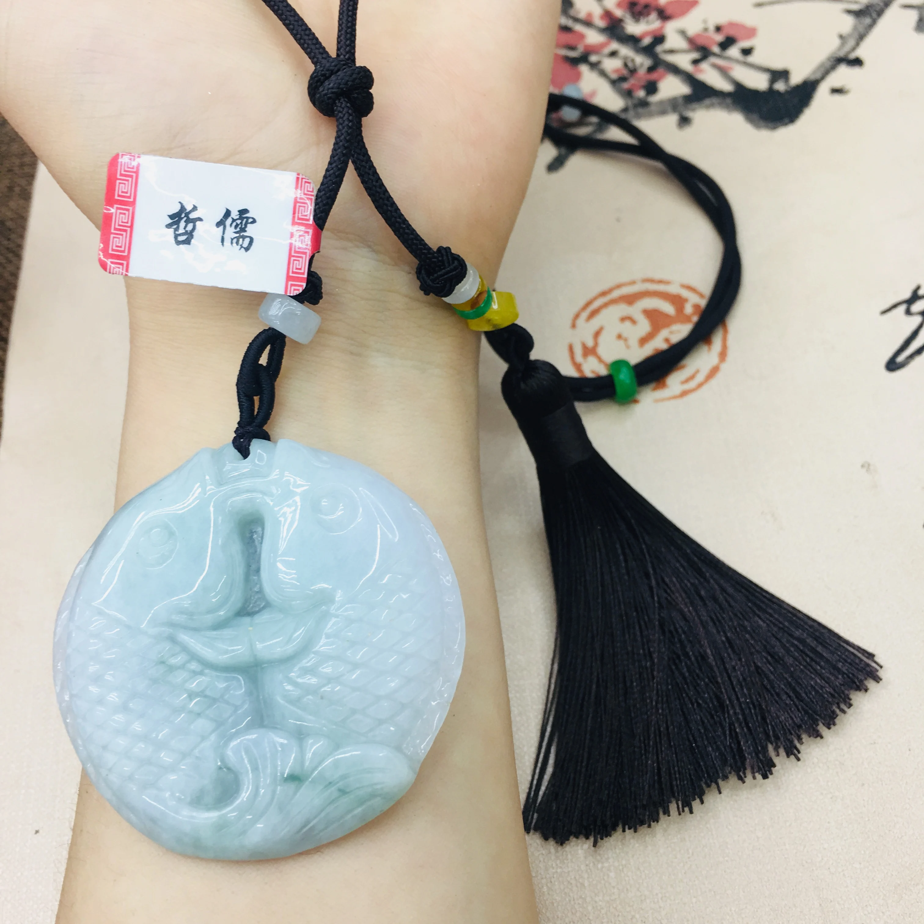 Natural Burmese Emerald Jade Carved Round Pisces Pendant with Hand-knitted Tassel Necklace Elegant Women's Sweater Chain