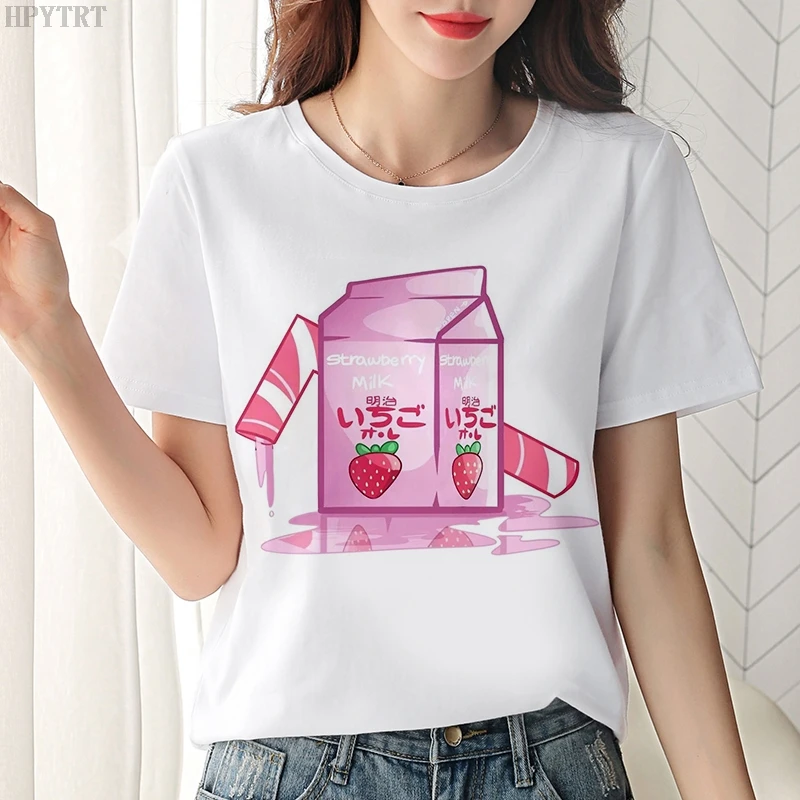 

Женская футболка Harajuku, милая белая футболка Kawaii, летняя повседневная одежда, модные топы для женщин, футболка в японском стиле с принтом напитков