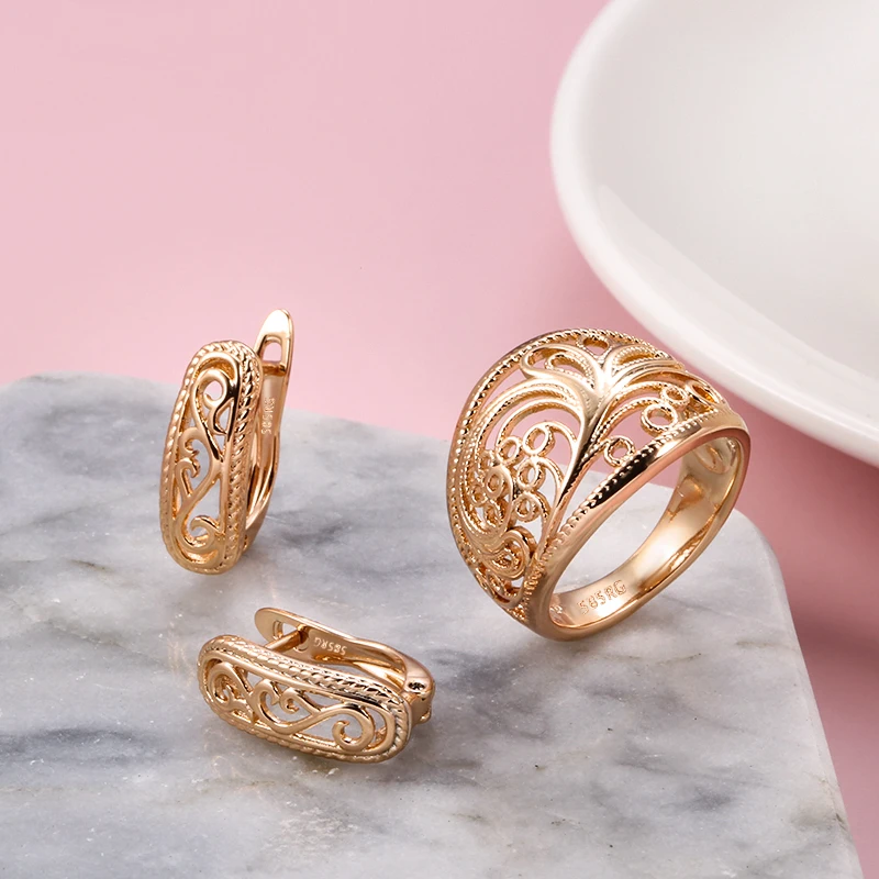 Kinel Hot Trendy Ethnic Bride Earrings Ring Sets for Women 585 Rose Gold Hollow Pattern Vintage Wedding Jewelry Sets Luxury Gift