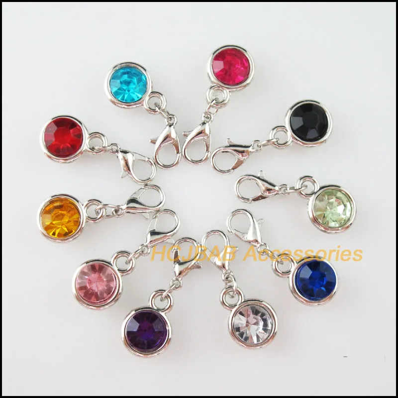 20 New Fashion Dull Silver Plated Round Charms With Lobster Claw Clasps Mixed Crystal 11x15mm