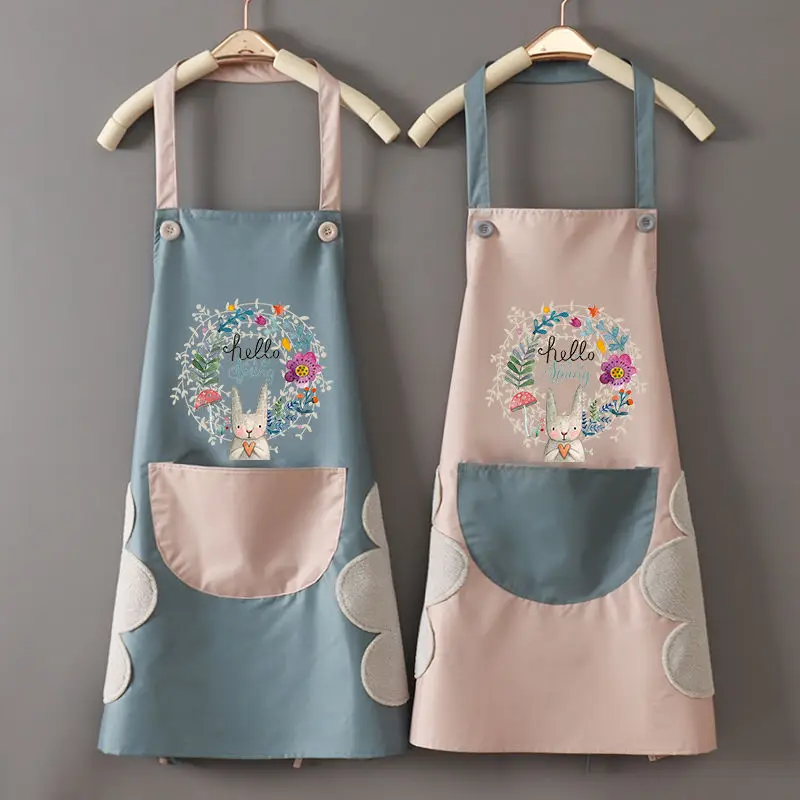 Kitchen Wipeable Waterproof Oil-Proof Cartoon Wreath Rabbit Kitchen Nail Shop Apron for Women Baking Accessories 90*70cm