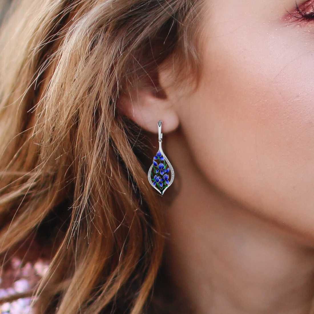 SANTUZZA 925 Sterling Silver Earrings For Women White CZ Blue Orchid Flower Drop Earrings Trendy Fine Jewelry Handmade Enamel