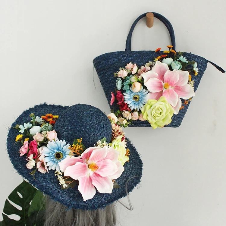 High-end Customized Women Flower Straw Handbag and Hat Suit Colorful Artificial Flower Wave Rattan Summer Beach Holiday Tote