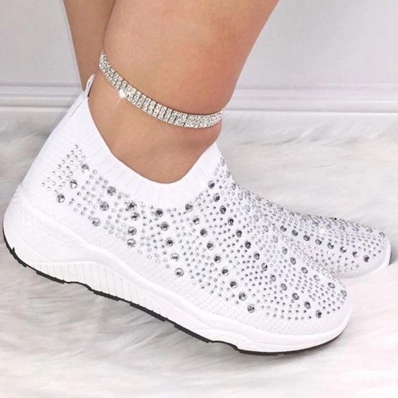 Rimocy 2020 New Knit Mesh Crystal Sneakers Women Comfortable Breathable Flat Shoes Fashion Slip on Plus Size Casual Shoes Female