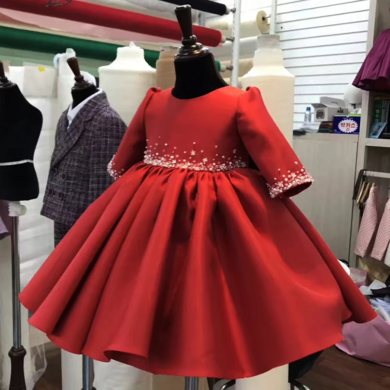 

Red Tulle Baby Girl Baptism Dress Long Sleeve Wedding Dress Beading Toddler Girl Clothes Newborn Baby Birthday Ceremonies Gown