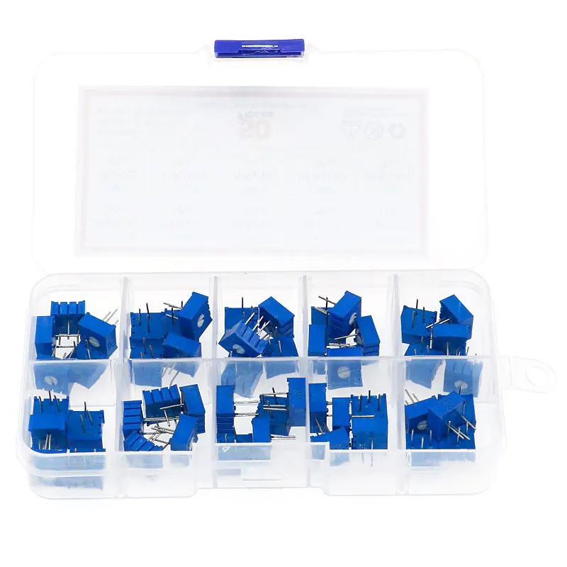 50pcs 3386P series 100R 200 500R 1K 2K 5K 10K 20K 50K 100K 500K multi-turn potentiometer Variable resistors With box set