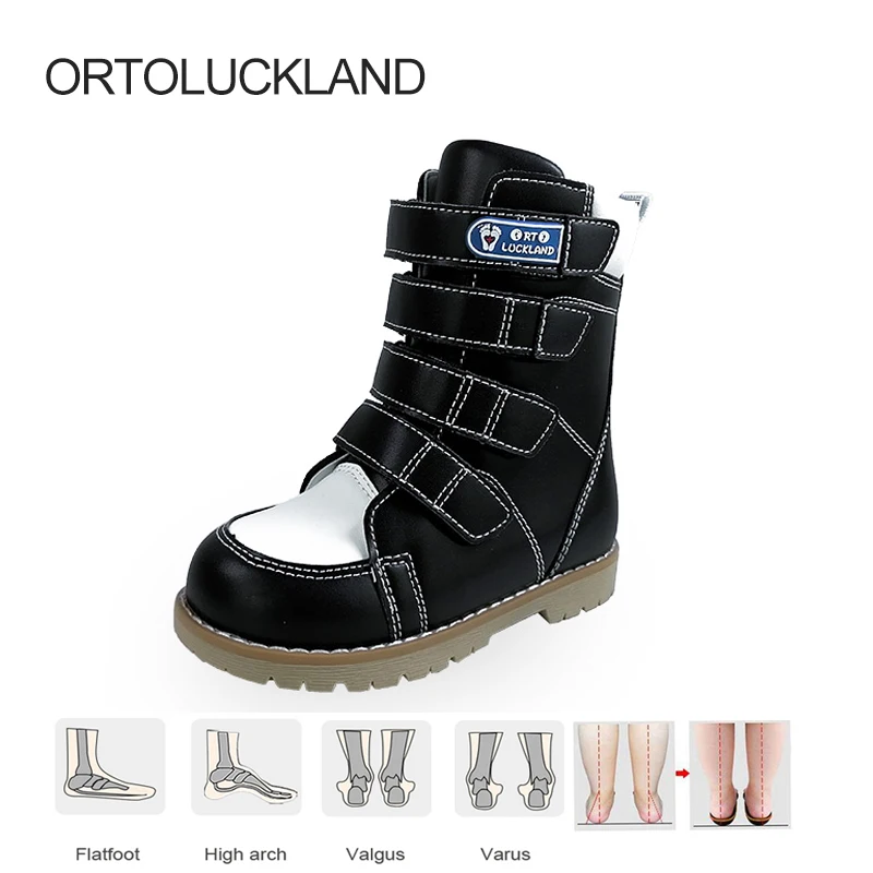 Ortoluckland Children Boots Kid Orthopedic Leather Shoes Toddler Boys Girls Spring Winter Black School Walking Casual Footwear