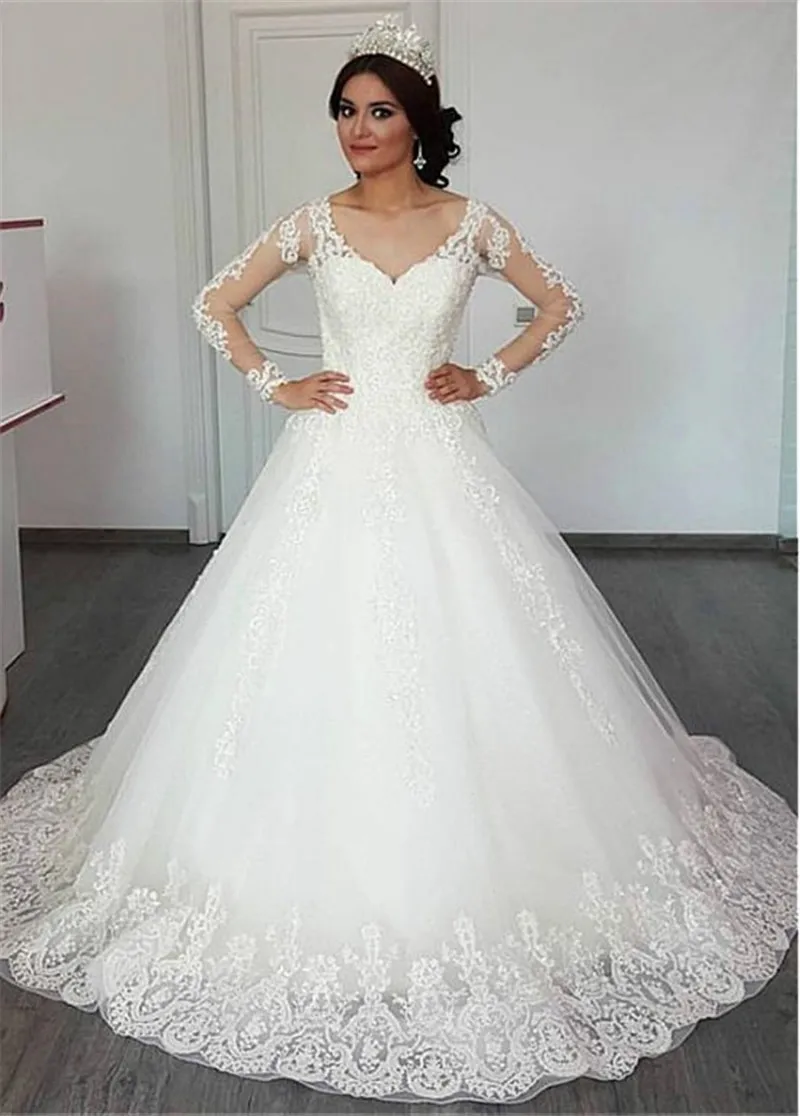 Delicate Tulle V-neck Neckline A-line Wedding Dress With Lace Appliques Long Sleeves Bridal Gowns vestido de noiva curto