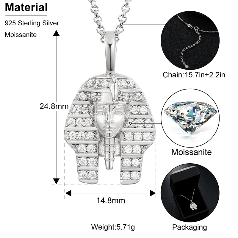 Hip Hop Ancient Egyptian Moissanite Pendant Necklace Chain Punk King Tutan Pharaoh Men's Hip Hop Bling Necklaces Rock Party Gift