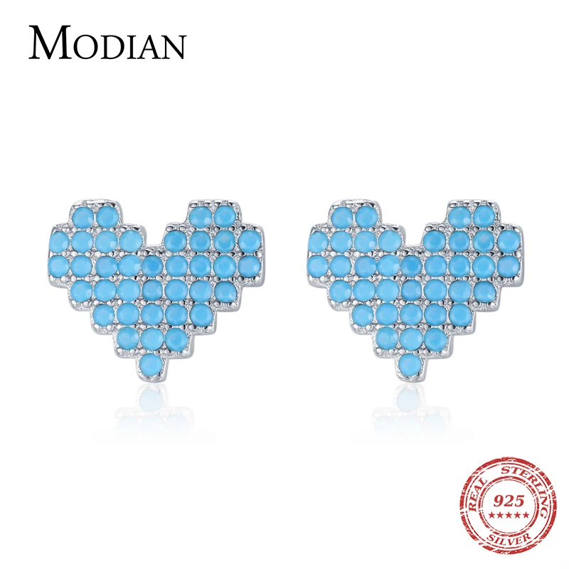 Modian 925 Sterling Silver Vintage Turquoise Stud Earrings for Women Romantic Heart Ear Studs Hypoallergenic Fine Jewelry