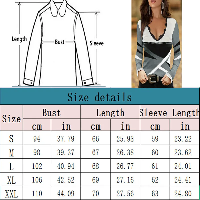 2021 New Spring Autumn Women Geometric Print T Shirt Fashion Trend Ladies Long Sleeve Tops Casual V-Neck Lace Patchwork T-Shirt