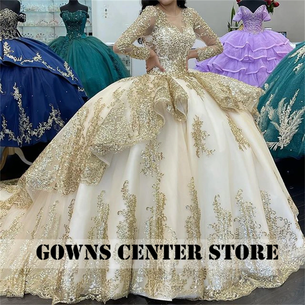 Ruffles Quinceanera Dresses Long Sleeve Sparkly Ball Gown Formal Prom Lace Up Sweet 16 Dress Birthday vestidos de 15 años