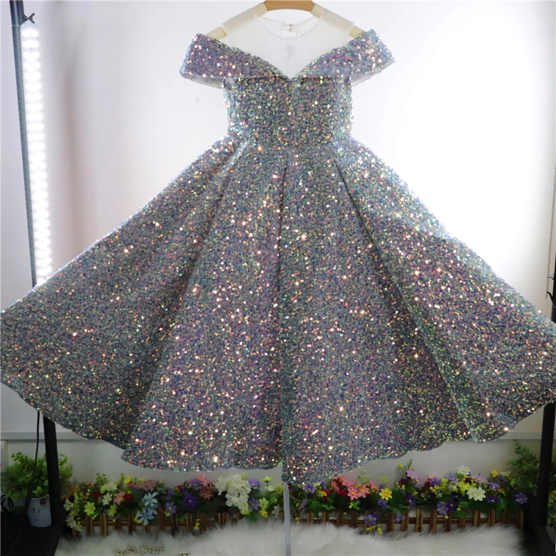 Girls First Communion Dress Children Pageant Ball Gown Girl Flower Wedding Sequins Dresses for Kids Piano Performance Vestidos