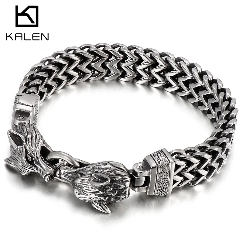 

Kalen 8/12mm Stainless Steel Braided Chain Werewolf Charm Bracelet Men's Punk Accessories Vintage Black Chunky Jewelry Gift