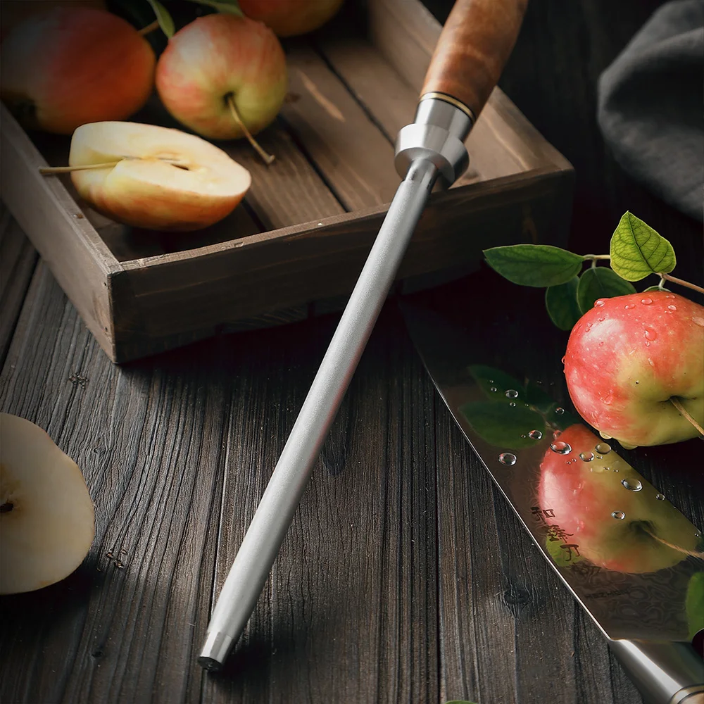 HEZHEN Knife Sharpener Rod Diamond Sharpening Figured Sycamore Wood Handle Wear-Resistant Kitchen Tools