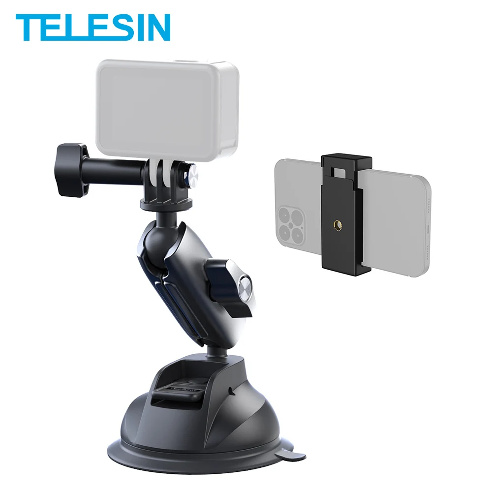 TELESIN Car Phone Holder Suction Cup 360° Adjustable 1/4 Standard Adapter For GoPro 10 9 Insta360 Osmo Action SJCAM Mobile Phone