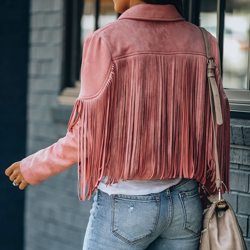 Chaqueta de gamuza sintética para mujer, abrigo corto con flecos sólidos, solapa de motocicleta, guapo, Otoño, 2020