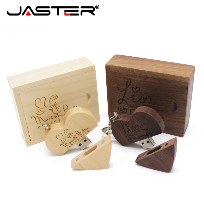 JASTER USB 2.0 Flash Drives Promotion Wooden 1 PCS Free Logo Heart Shape Real Capacity 4GB 8GB 16GB 32GB 64GB