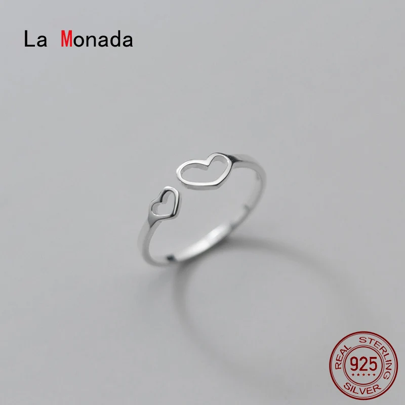 La Monada 53-58mm Two Heart Fashion Rings Female Women Real 925 Silver Ring For Girls Minimalist Adjustable Ring On Finger