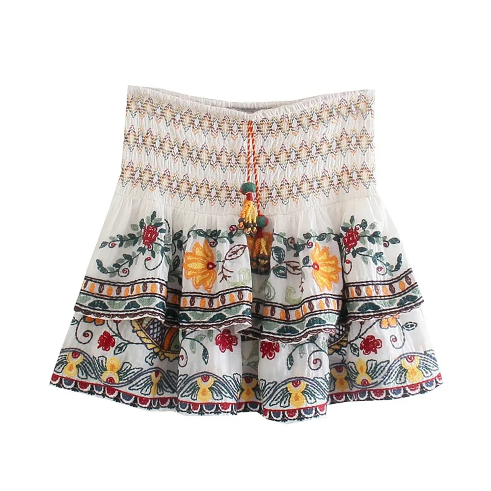 XEASY 2021 Women Two-piece Set Vintage Casual Flower Embroidery Shirt Female Streetwear Slim Elastic High Waist Skirt Sets