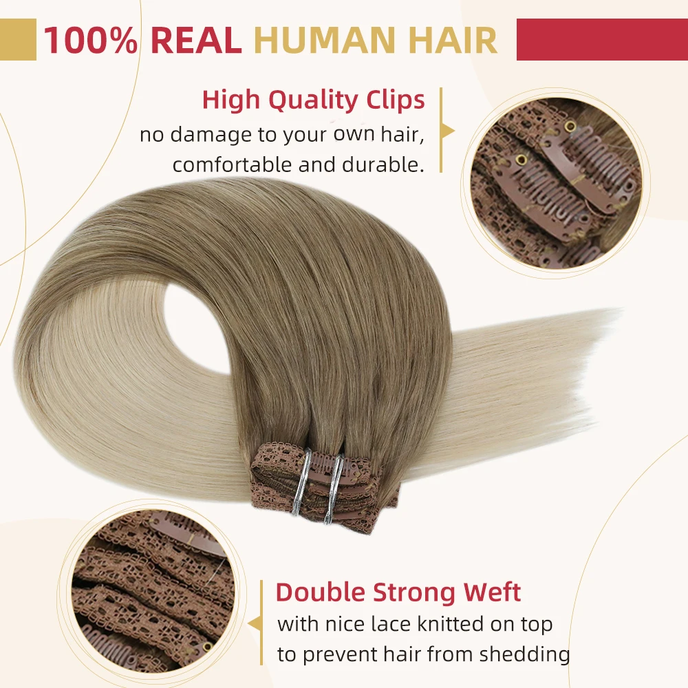 Moresoo Clip in Human Hair Extensions 10-24 inch Machine Remy Human Hair Brazilian Doule Weft Invisible Set Straight 5/7Pcs 100G