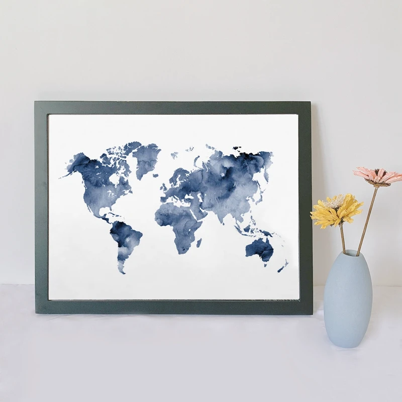 Blue World Map Print Navy Map Poster Traveler Gift Abstract Watercolor Wall Art Canvas Painting Picture for Living Room Decor