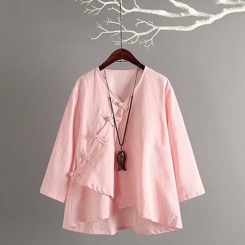 Fashion Chinese Style Button Shirt Traditional Women Blouse Elegant Hanfu Tang Tops Oriental Asian Clothes Cotton Linen Casual