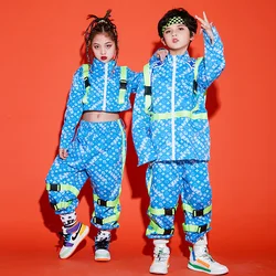 Kids Hip hop Costume Girls Jazz Dance Tops Pants Blue Set Loose Street Dance Clothing For Boys Show Stage Outfit Wear BL5128