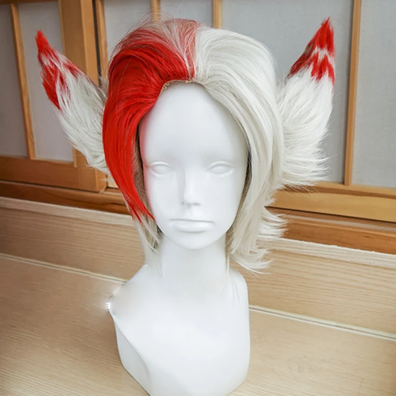 LOL RAKAN Men\'s Silver Mix Red Cosplay Full Wig Heat Resistant Cosplay Costume Wigs + 2 Ears + Wig Cap