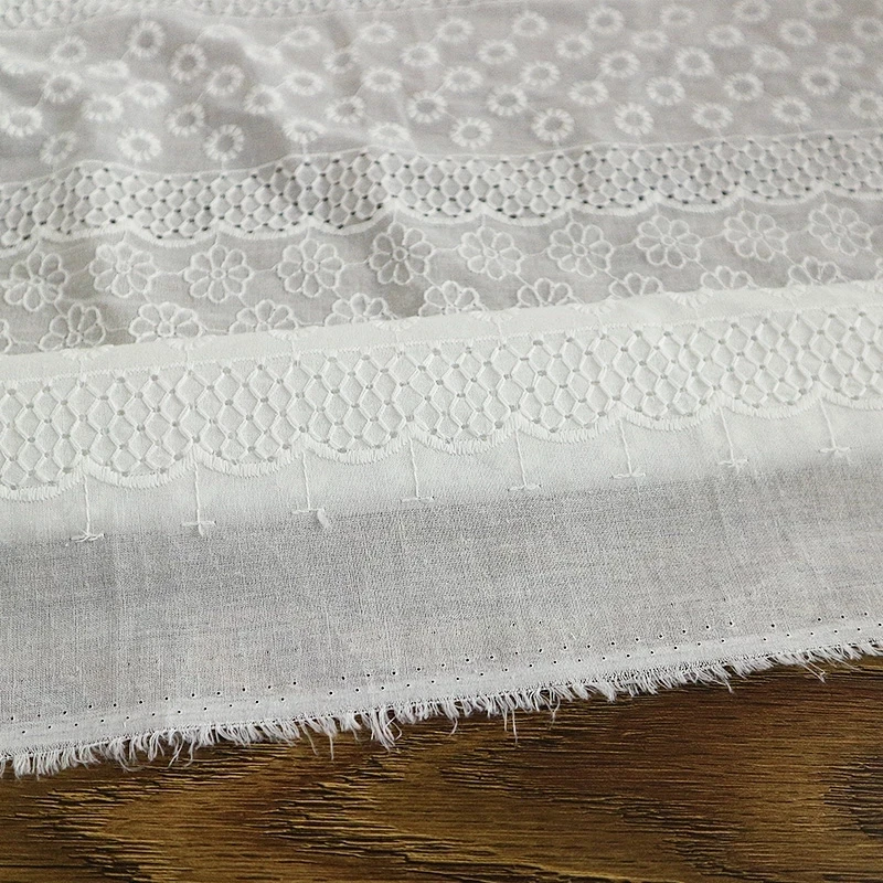 100% Cotton White Hollow Embroidery Lace Fbric For Wedding Dress Fashion Clothing Skirt Fabric