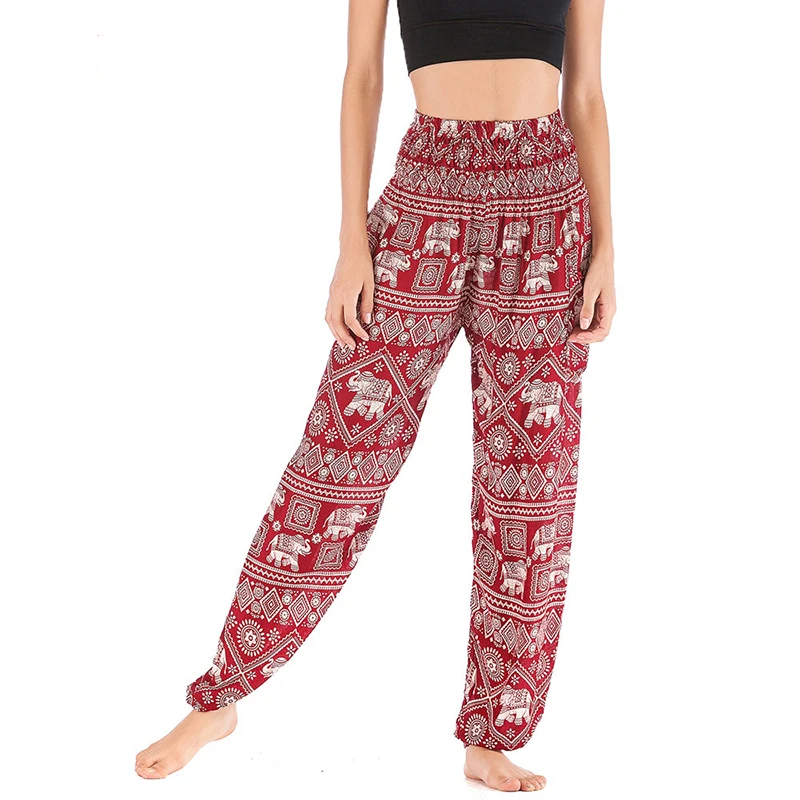 Pantalones bombachos con diseño de elefante rojo para mujer, pantalón informal, estilo Hippie, para entrenamiento, fiesta y playa, triangulación de