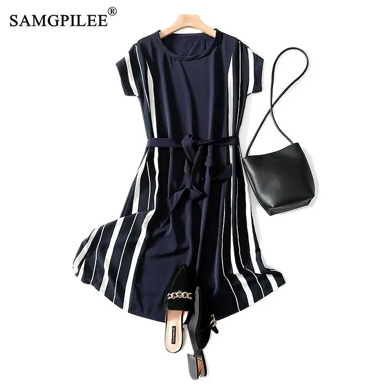 

Elegant Dresses For Women 2022 Korean Style Office Lady A-line Striped Patchwork Short Sleeve Knee-length O-neck Woman Dress