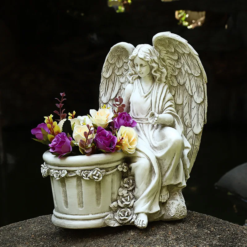 

HHT European Style Outdoor Courtyard Angel Flowerpot Home Garden Decoration Creative Character Sculpture Resin Crafts Flower Jar