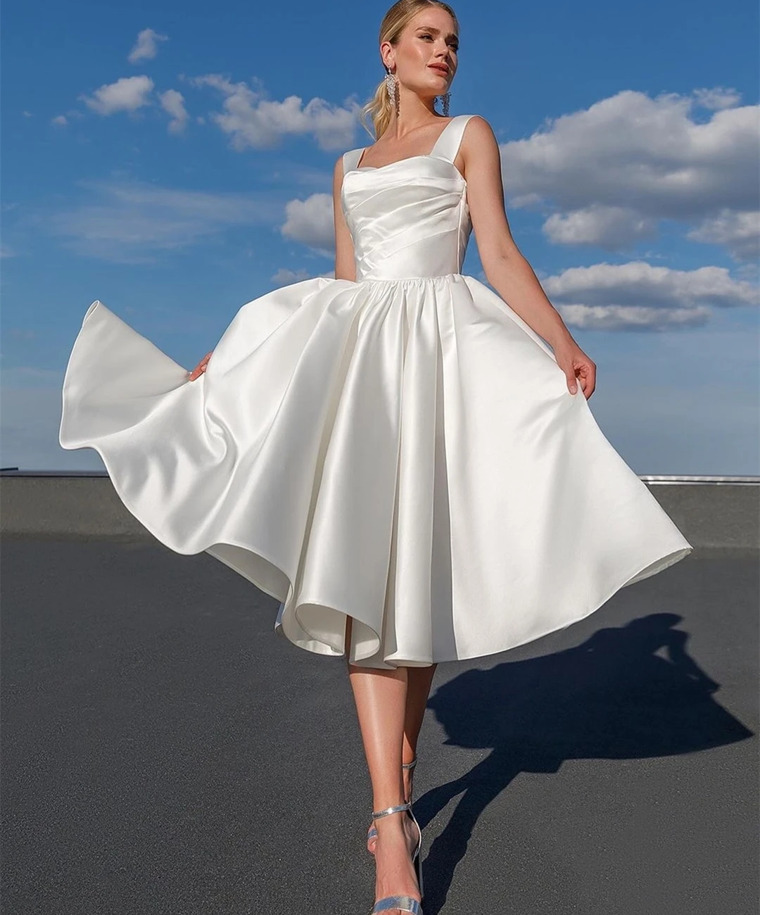 Vestido De novia corto De satén con tirantes finos, prenda De vestir blanca hasta la rodilla, sin mangas, para playa