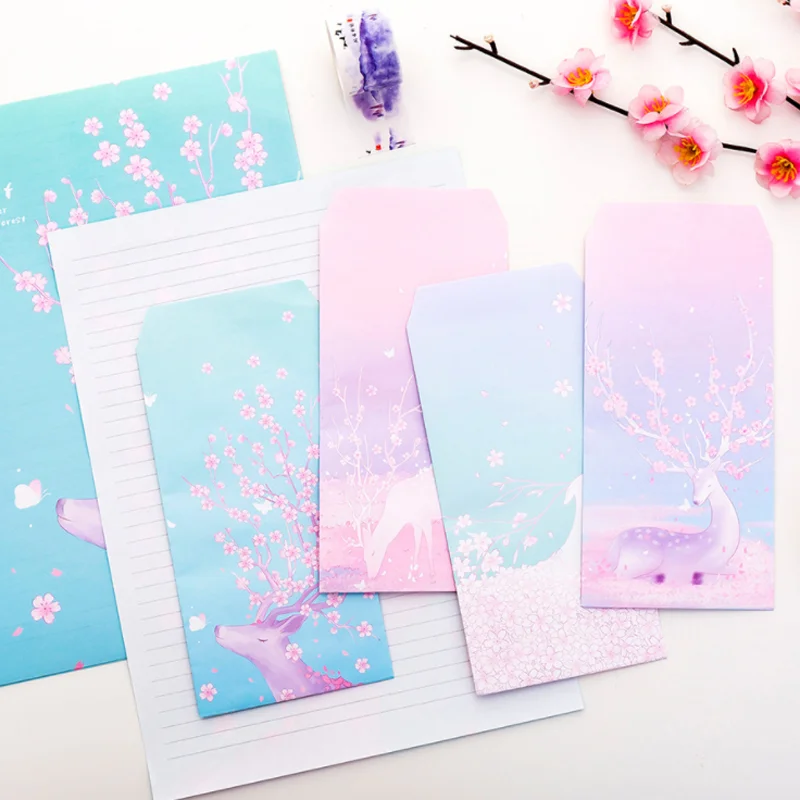 3 Envelope+6 Paper Letter Kawaii Deer Forest Letterhead Creative Stationery Office School Supplies Children Envelope Wedding