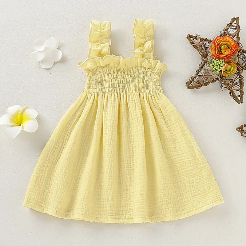 Toddler Kids Girl Princess Dress Cotton Linen Solid Ruched Tutu Summer Outfits Pink Cute Dress 12M-5T 2020 Newest Trendy